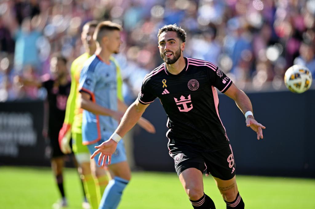  Inter Miami CF forward Leo Campana (8) celebrates after scoring a goal against New York City FC during the second half at Yankee Stadium. 