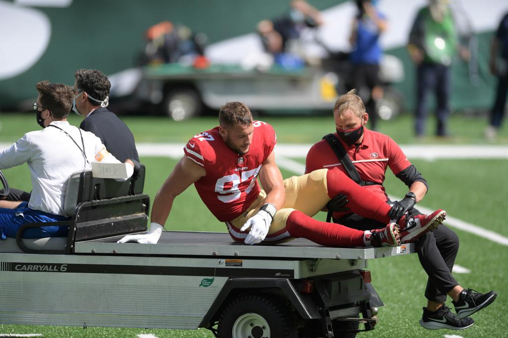 Robert Saleh's 49ers defense lost Nick Bosa to a torn ACL during their game against the Jets in 2020.