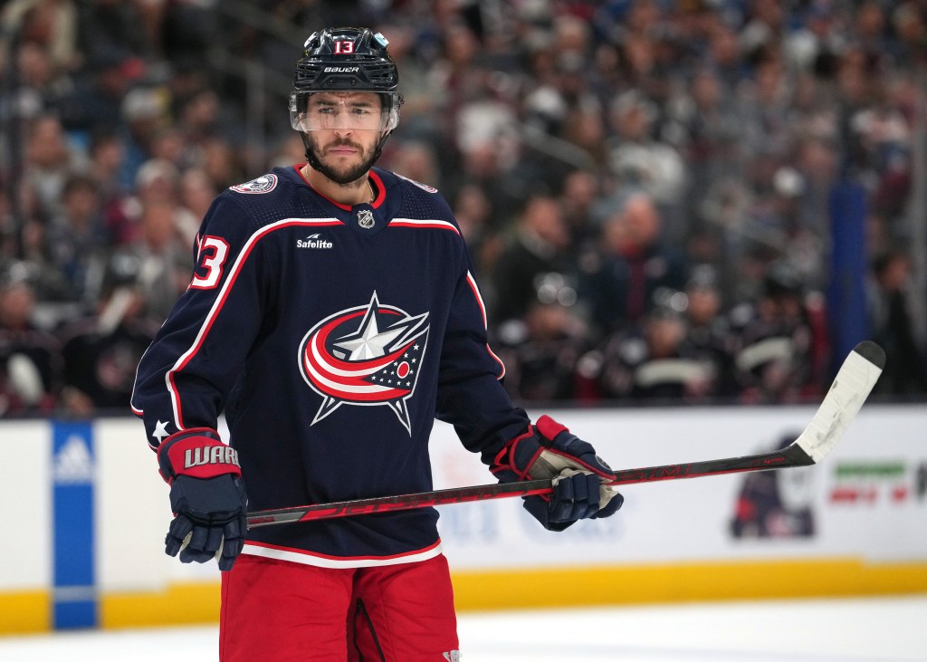 Johnny Gaudreau of the Columbus Blue Jackets taking a break during a hockey match against the Colorado Avalanche at Nationwide Arena