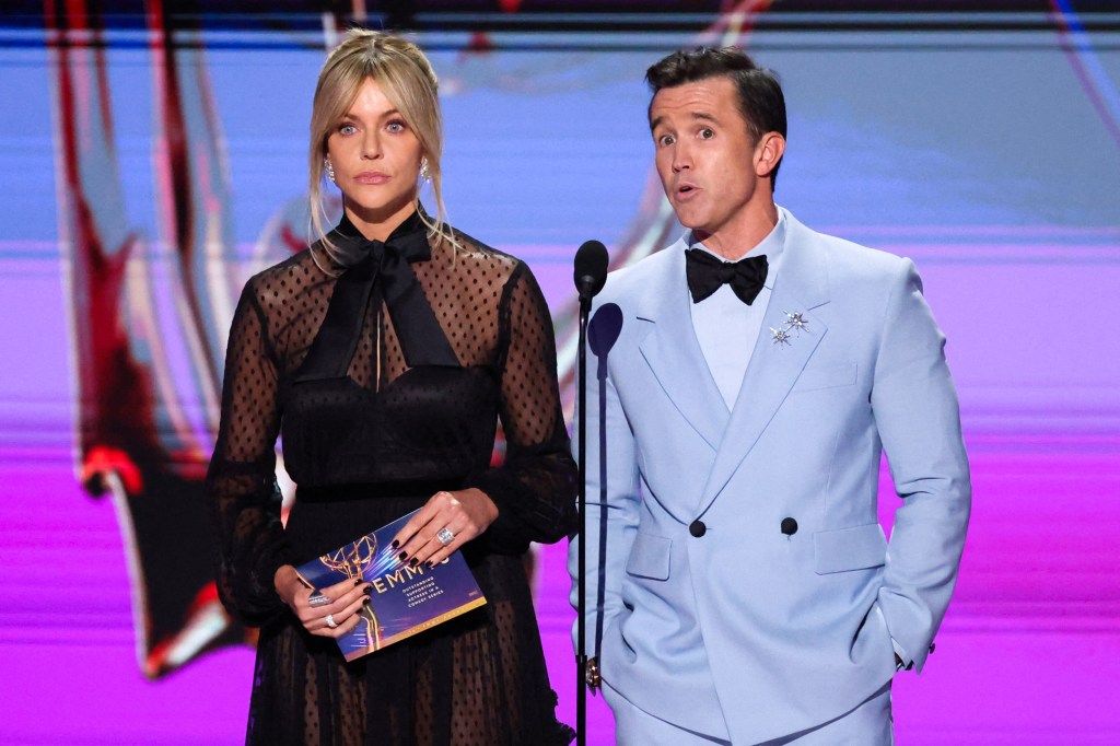 Kaitlin Olson, Rob McElhenney speak on stage at the 76th Primetime Emmy Awards 