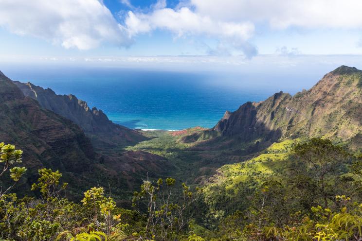 The Kalalau Valley in the Na Pali Coast State Park on the western shore of the island of Kauai in Hawaii