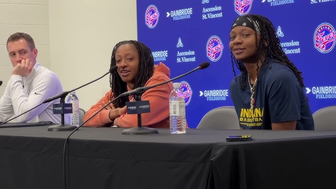 Erica Wheeler and Kelsey Mitchell at a press conference.