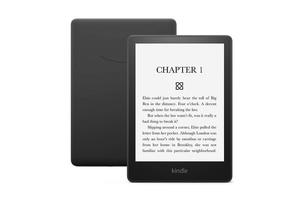 A black tablet with a screen, specifically a Kindle