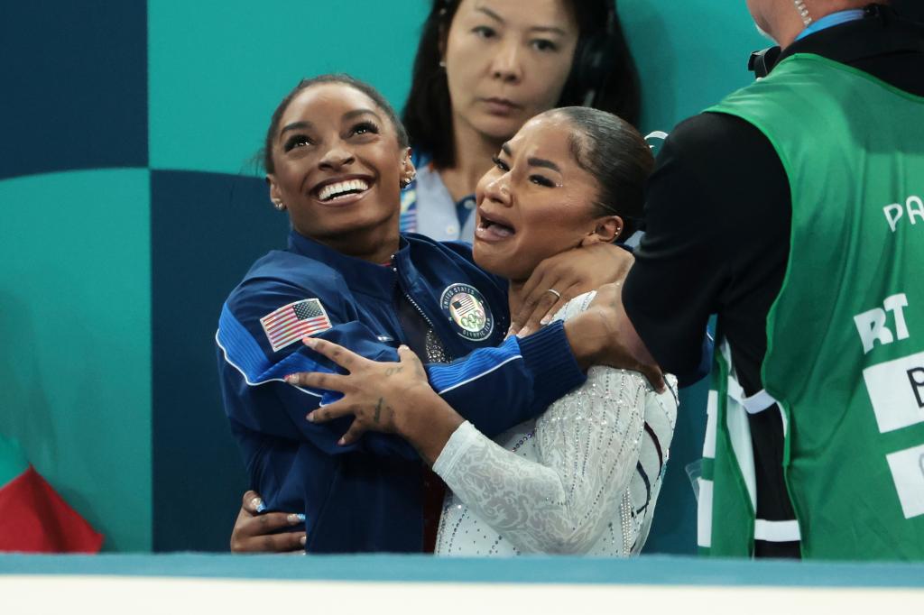 Simone Biles celebrated Jordan Chiles' bronze-medal win in the floor exercise final at the Paris Olympics on Aug. 5, 2024.