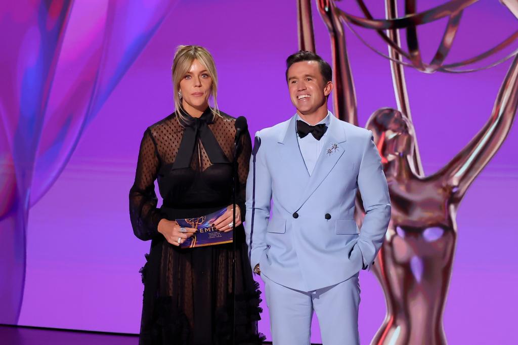 Kaitlin Olson and Rob McElhenney speak onstage during the 76th Primetime Emmy Awards. 