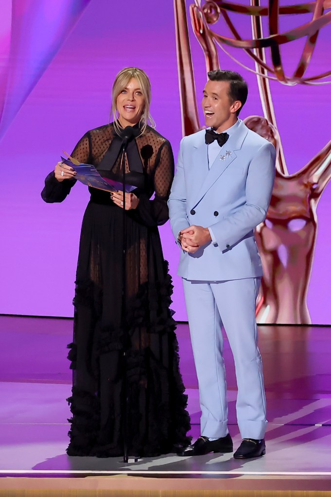 Kaitlin Olson and Rob McElhenney speak onstage during the 76th Primetime Emmy Awar