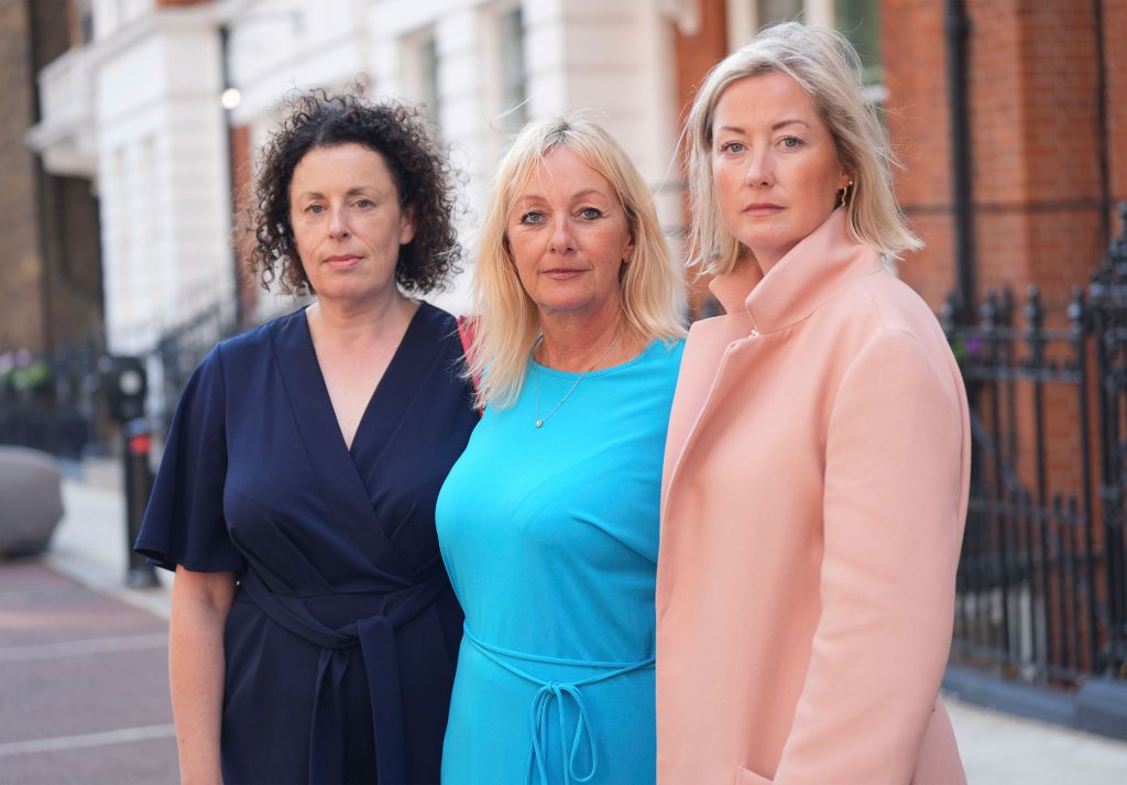 Three women, Katherine, Lindsay Mason, and Gemma, standing outside Kent House in Knightsbridge, London after a press conference about a legal claim against Harrods.