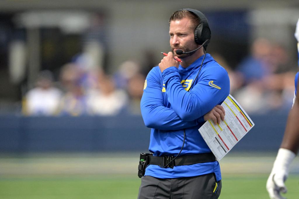 Los Angeles Rams head coach Sean McVay on the sidelines during the first half against the San Francisco 49ers at SoFi Stadium. 