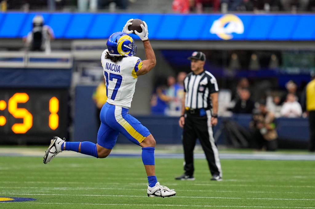 Rams wide receiver Puka Nacua makes a catch during the second half of an NFL football game against the San Francisco 49ers