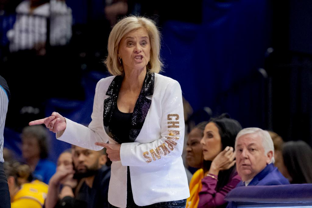 LSU head coach Kim Mulkey reacts during the first half of an NCAA college basketball game against Queens, Thursday, Nov. 9, 2023, in Baton Rouge, La. 