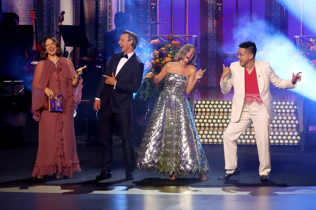 Maya Rudolph, Seth Meyers, Kristen Wiig, and Bowen Yang speak onstage during the 76th Primetime Emmy Awards at Peacock Theater on September 15, 2024.