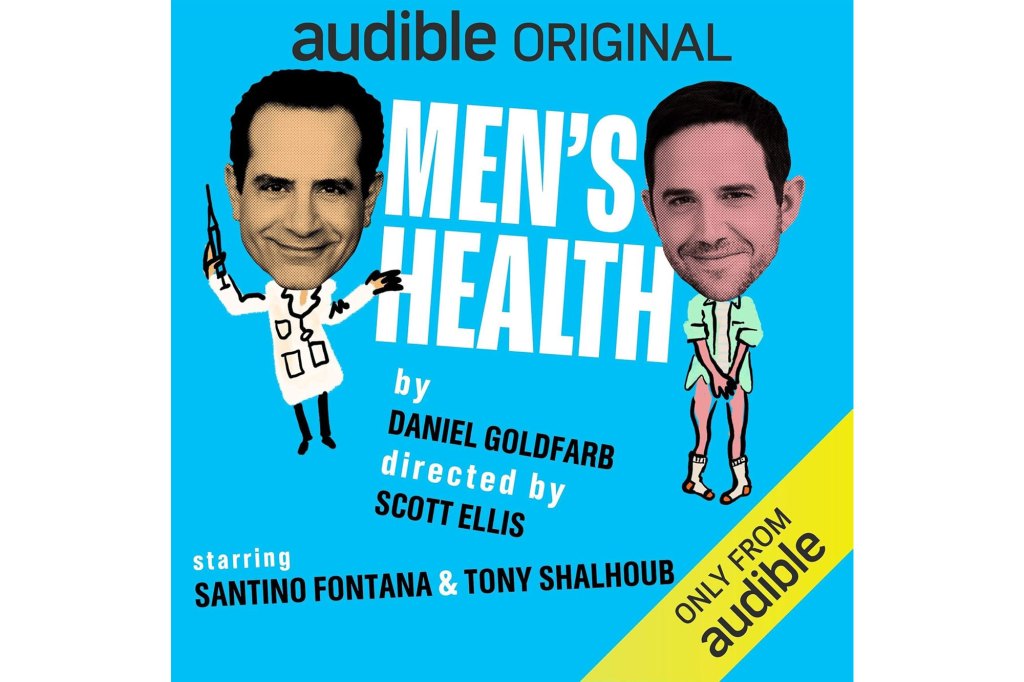 Blue cover of Men's Health play featuring portraits of celebrities Santino Fontana and Tony Shalhoub