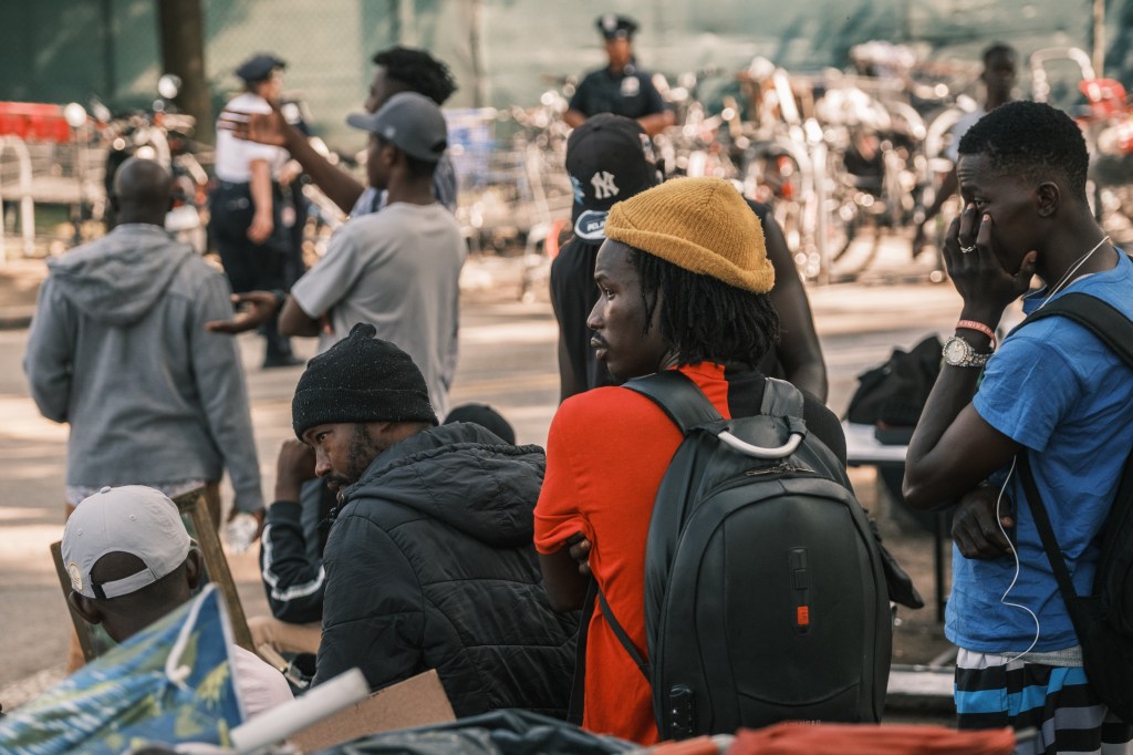 A group of migrants near the city's shelter on Randalls Island on July 29, 2024.