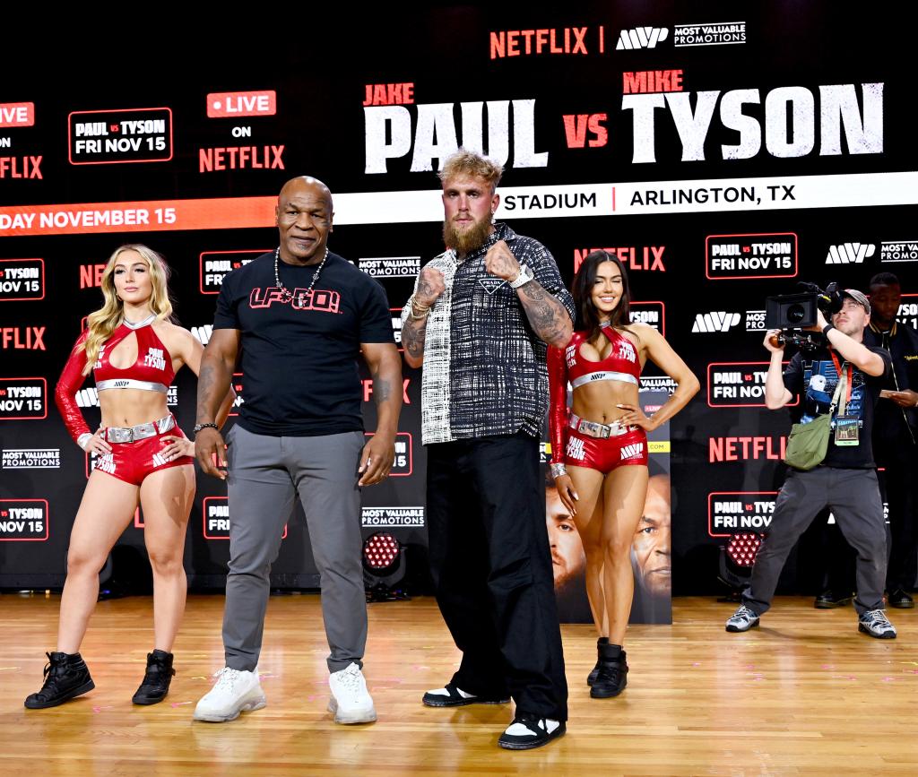 Mike Tyson and Jake Paul face off at an exclusive press conference ahead of their November bout during the Fanatics Fest NYC 2024 at Jacob Javits Center on August 18, 2024 in New York City.