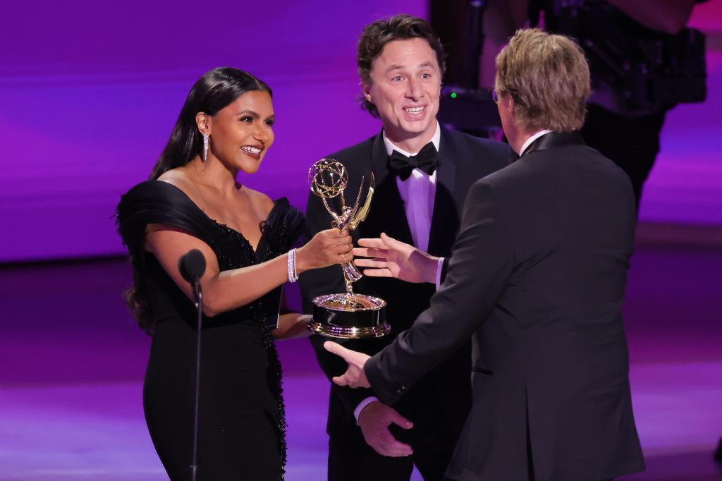 Mindy Kaling and Zach Braff present an Emmy to "Slow Horses" creator Will Smith.