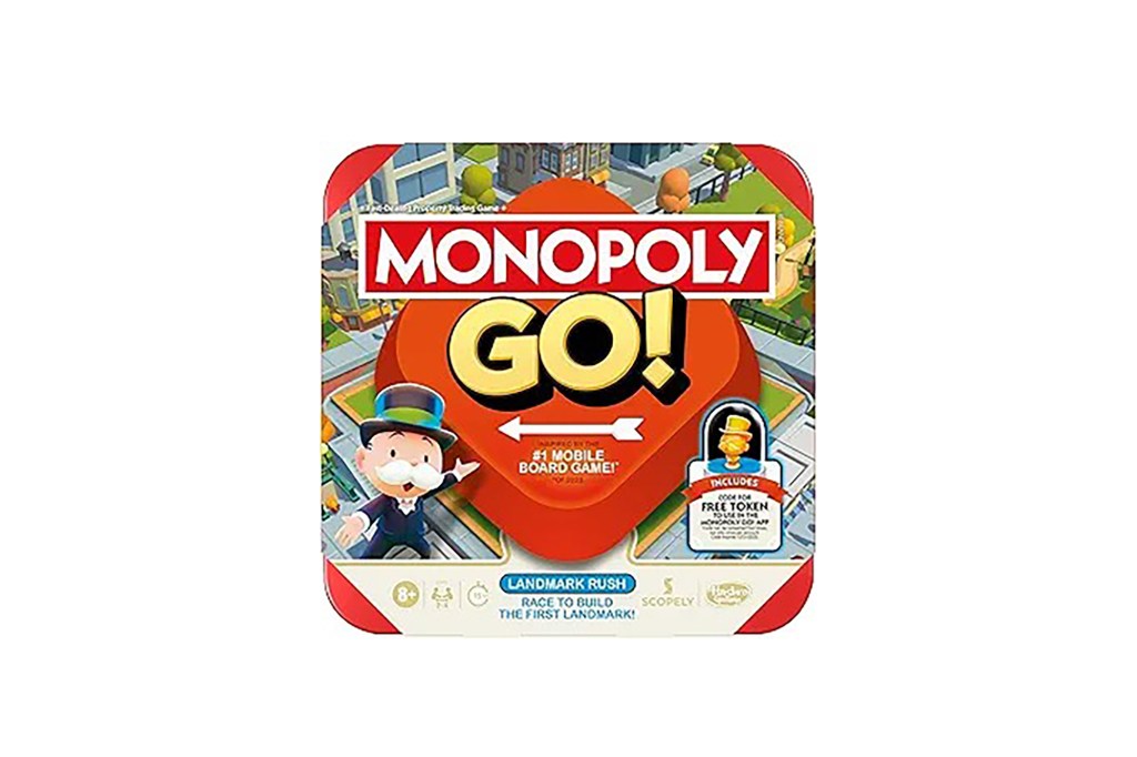 Square red and white Monopoly game box with a cartoon character on it