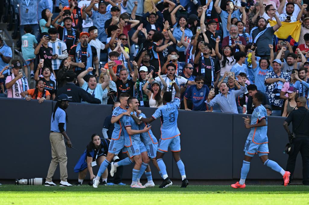 New York City FC celebrates after midfielder James Sands (6) scored a goal.