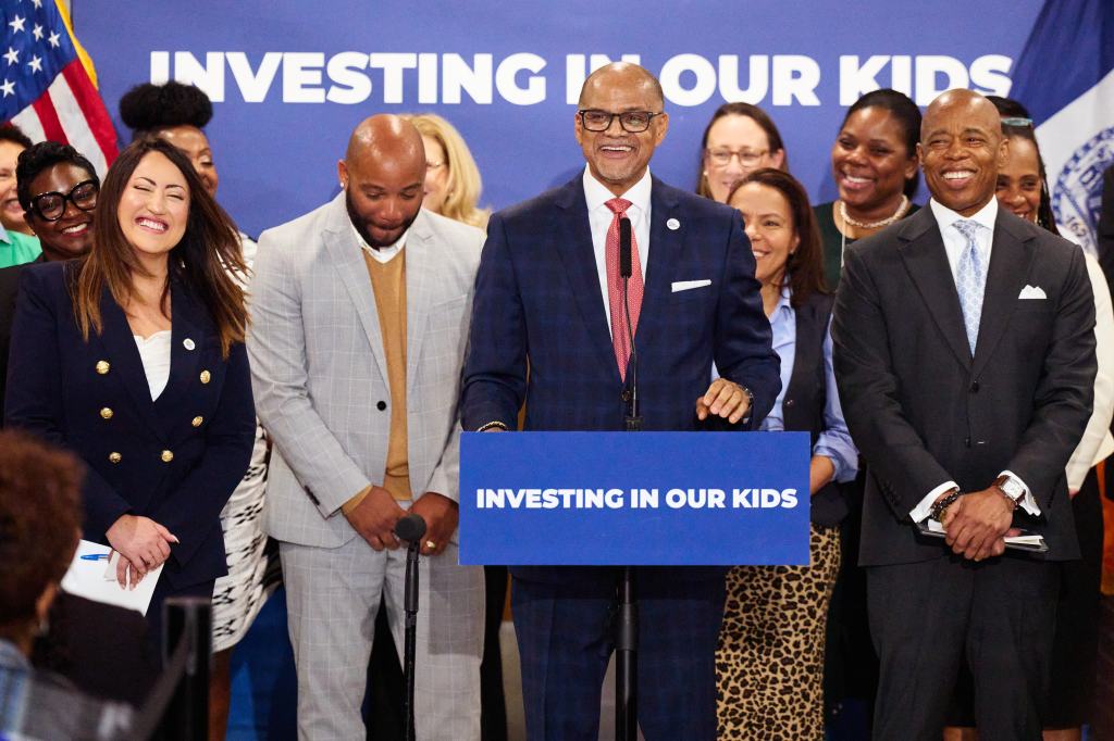 New York City Mayor Eric Adams and New York City Schools Chancellor David Banks introduced incoming Schools Chancellor Melissa Ramos, left, during a news conference at the Bronx School for Law, Government and Justice on Wednesday, September 25, 2024 in The Bronx, N.Y. 