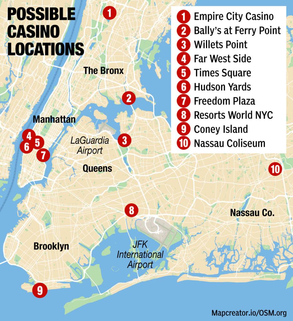 Map graphic showing proposed casino locations in New York City with red and white text