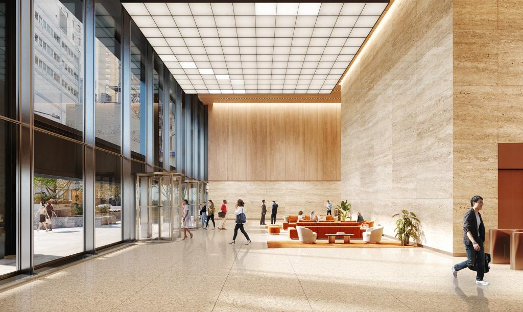 Redesigned lobby at One Liberty Plaza  will boast 40-foot high ceilings and 17-foot-tall  windows and Italian travertine wall cladding, terrazzo floors and custom-made furniture.