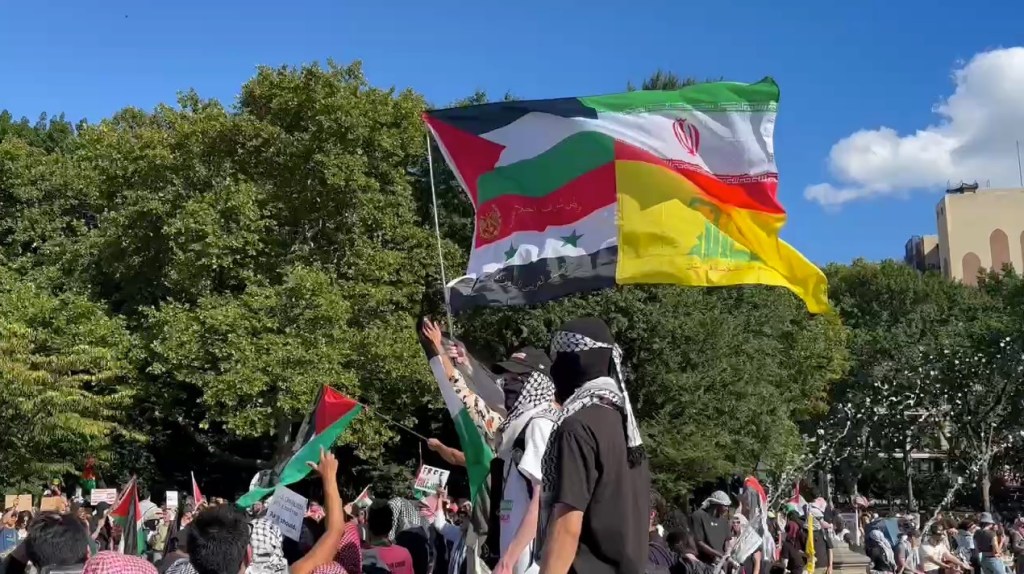 Pro-Palestinian demonstrators waves flags of Israeli enemies  