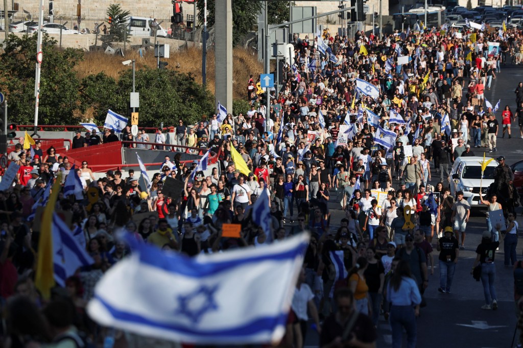 Demonstrators gathered in Jerusalem ahead of the massive labor strike on Sunday. 