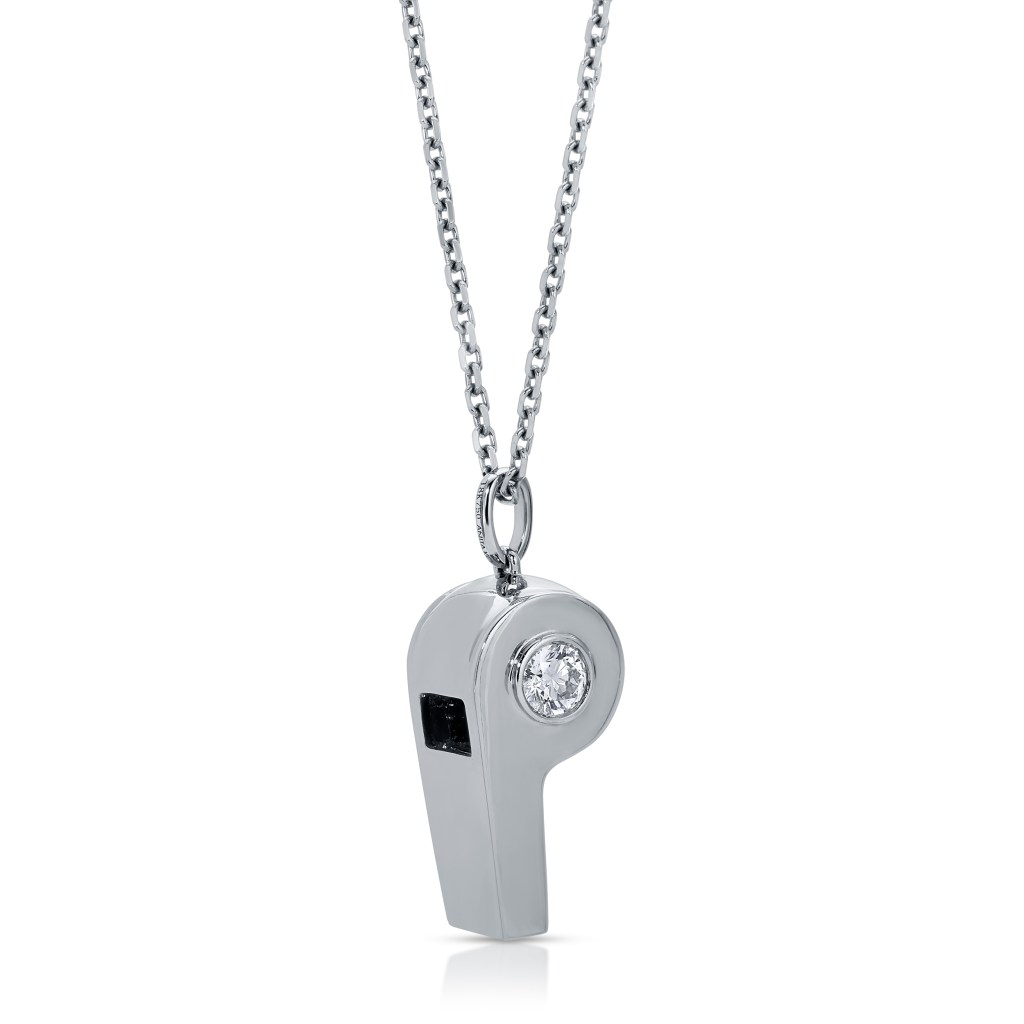 A silver whistle adorned with a round diamond, attached to a gold chain