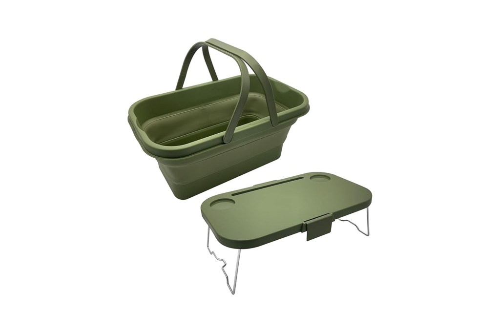 A green plastic picnic basket with a handle