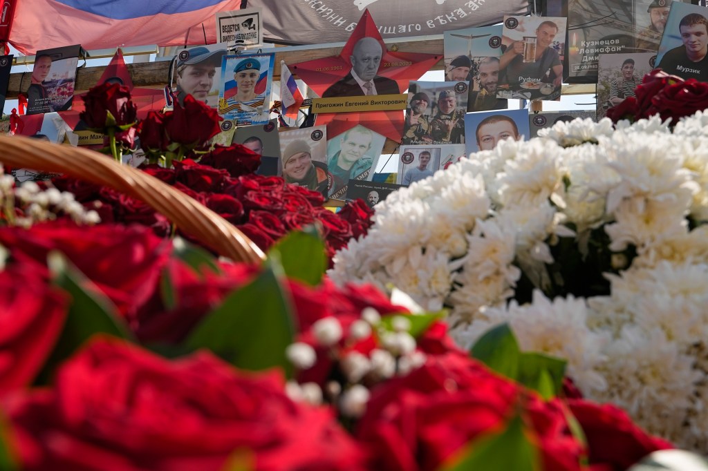 A picture of Prigozhin at an improvised memorial in Moscow, Russia on Aug. 23, 2024. 