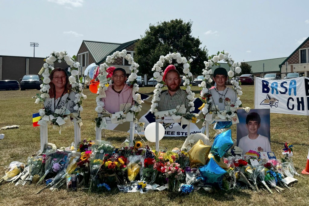 A poster with images of shooting victims from left, Cristina Irimie, Mason Schermerhorn, Richard Aspinwall and Christian Angulo.