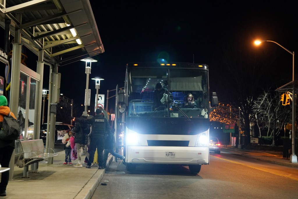 Migrants from the southern border getting dropped off at a station in Trenton, New Jersey before being sent to New York City on Jan. 4, 2024.