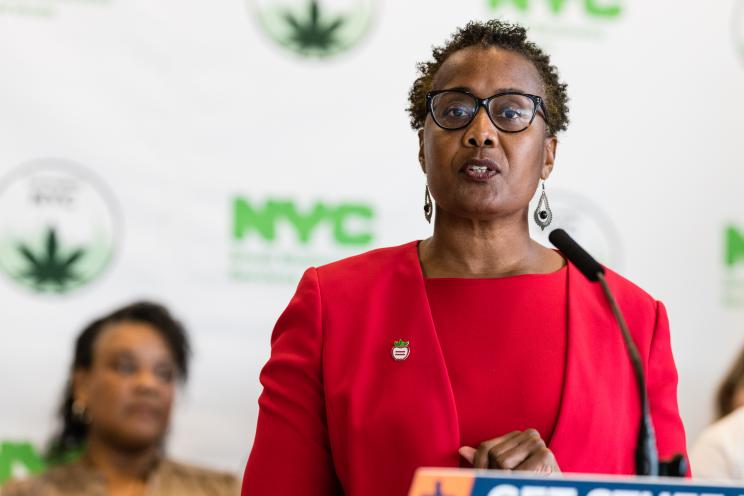 President and CEO of New York Urban League Arva Rice in a red suit speaking at a press conference at Medgar Evers College about the cannabis minor degree program