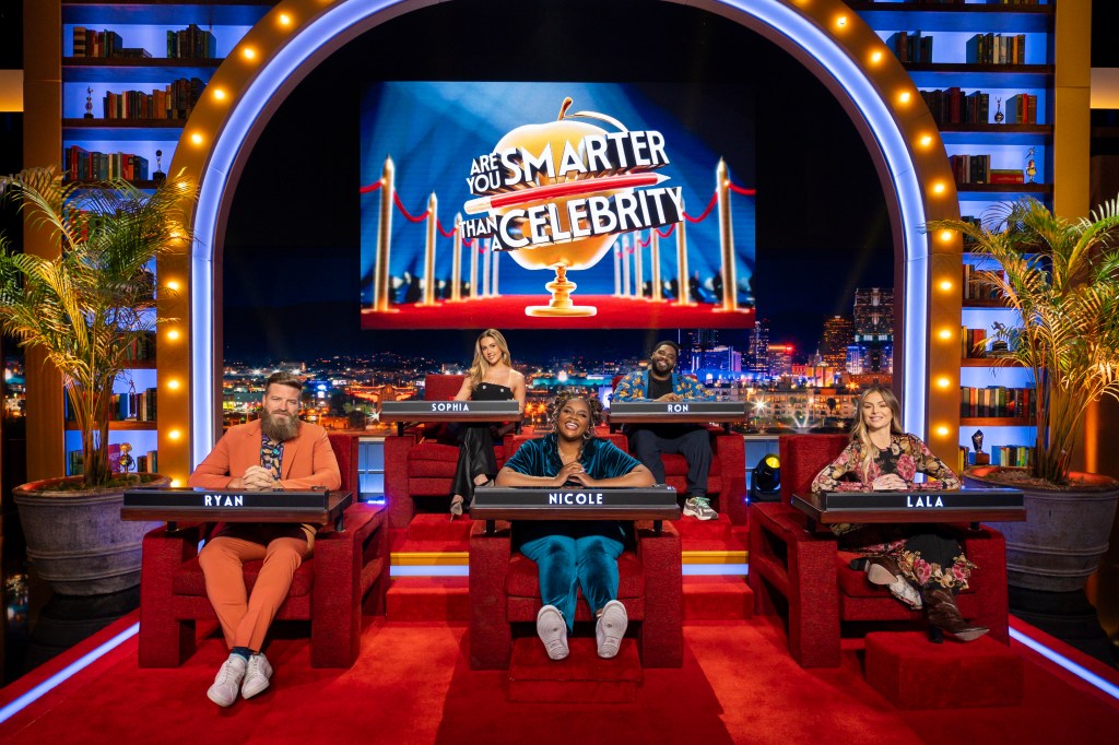 Contestants Ryan Fitzpatrick, Nicole Byer, Lala Kent, Sophia Stallone and Ron Funches.