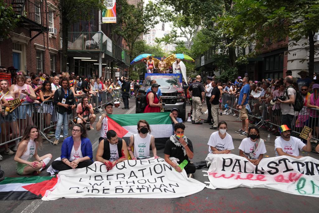 Anti-Israel protesters disrupting the NYC Pride March near the Steonewall Inn on June 30, 2024.