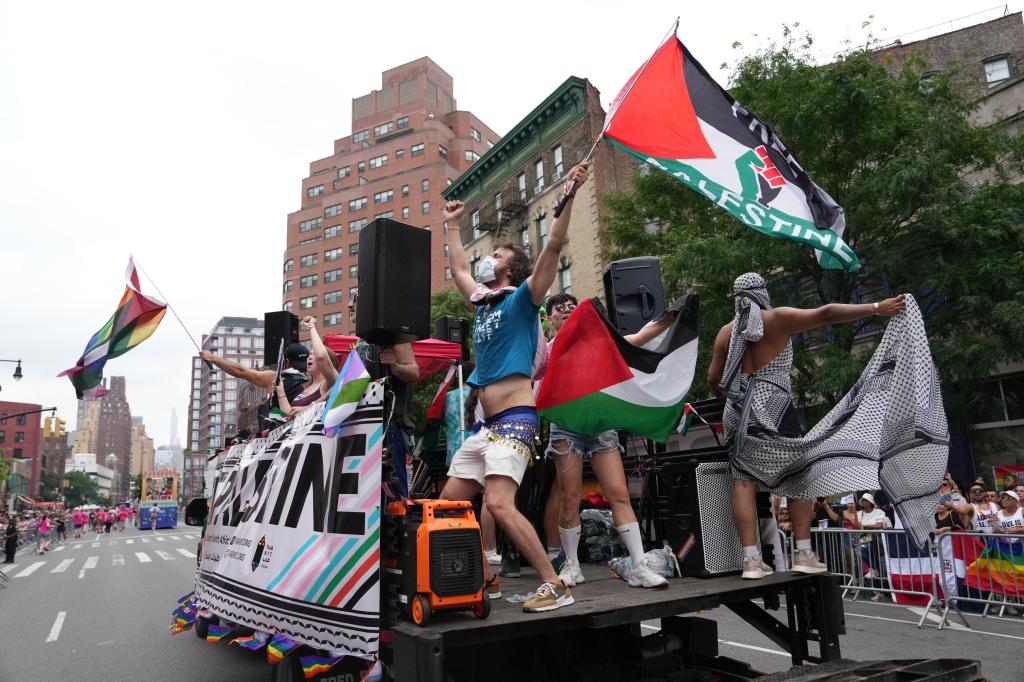 A float in the New York City Pride parade calling for Palestine to be freed on June 30, 2024.