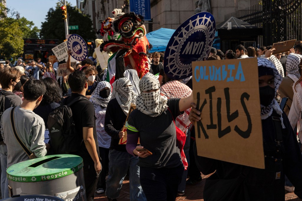 Pro-Palestinian supporters hold a picket line outside Columbia University, Tuesday, Sep. 3