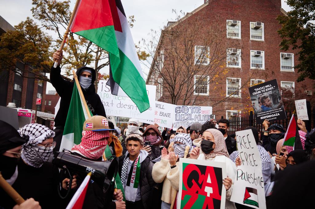 Protestors gather outside Brooklyn College during a CUNY Wide Student Walkout for Palestine on Thursday, November 9, 2023 in Brooklyn, N.Y. 