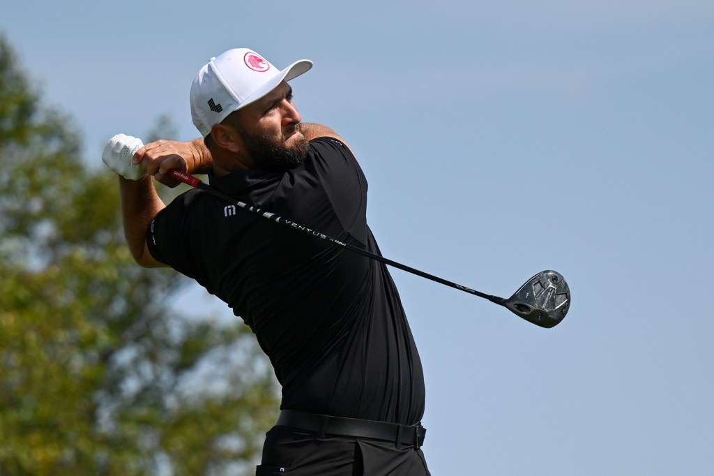 Jon Rahm swings during his final round at the LIV Golf tournament on Sept. 15.