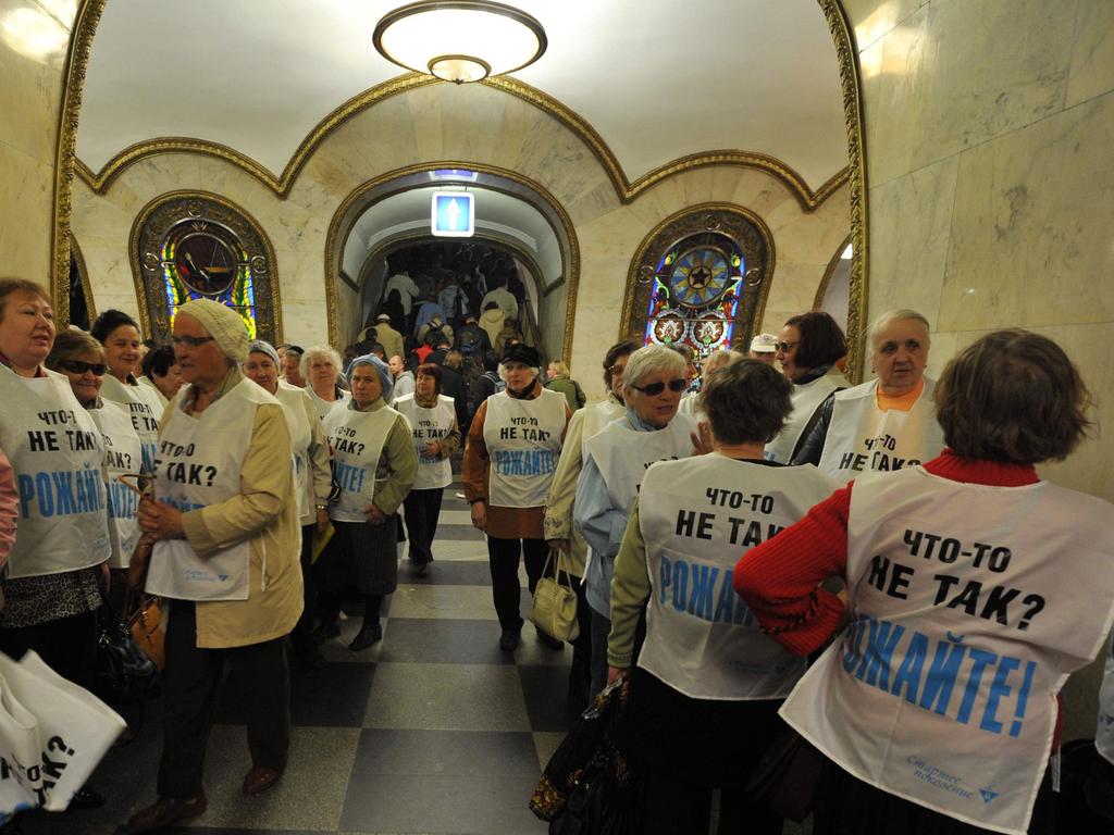 Members of pro-Kremlin group Starsheye Pokoleniye (Older Generation) rallying for higher birthrates in Russia.