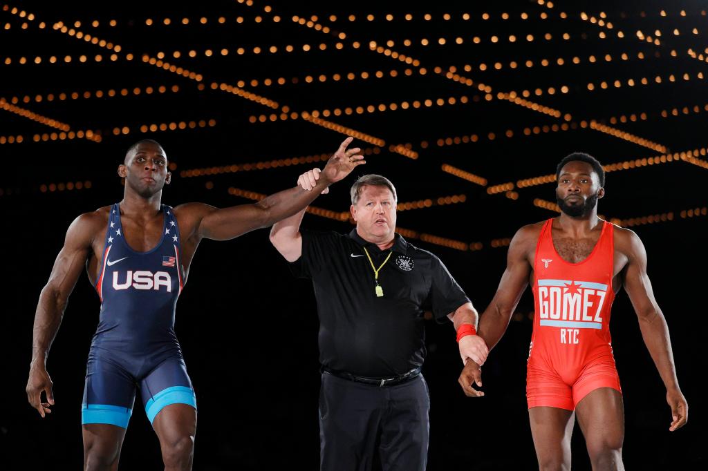 Alan Vera (L) reacts after defeating Timothy Young (R) in the Menâs Greco-Roman 87kg match during the 12th Annual Beat the Streets Wrestling Benefit at The Hulu Theater at Madison Square Garden on June 08, 2022 