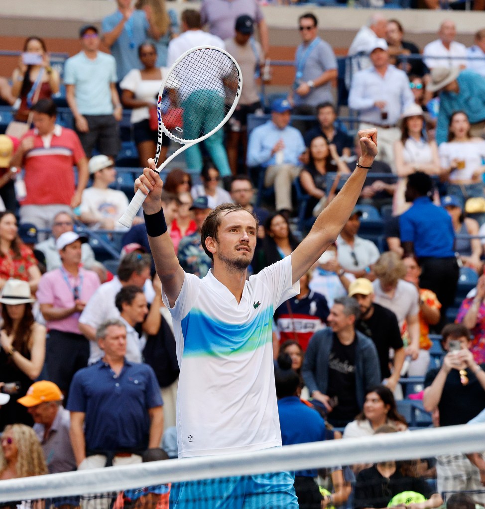 Daniil Medvedev [5] reacts to the fans after he defeats Nuno Borges (POR) in straight sets (6-0, 6-1, 6-3) during their match on Arthur Ashe Stadium at the 2024 US Open Championship.