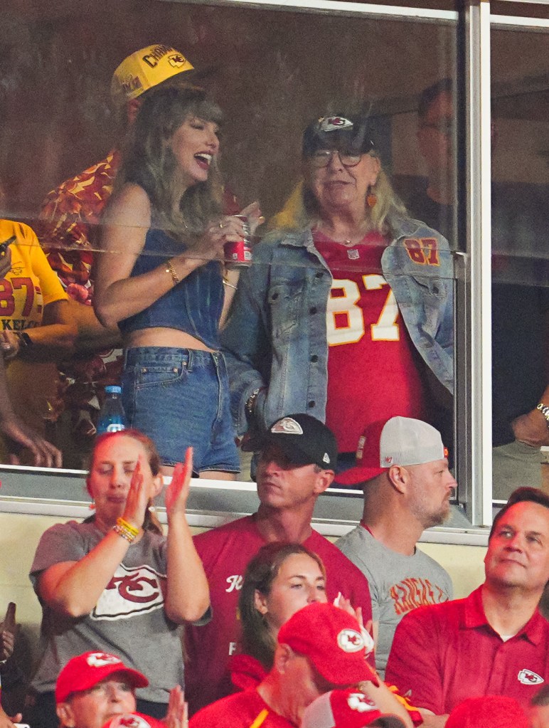 Taylor Swift and Donna Kelce watch the action during the second half between the Baltimore Ravens and the Kansas City Chiefs at GEHA Field at Arrowhead Stadium on September 5, 2024. 