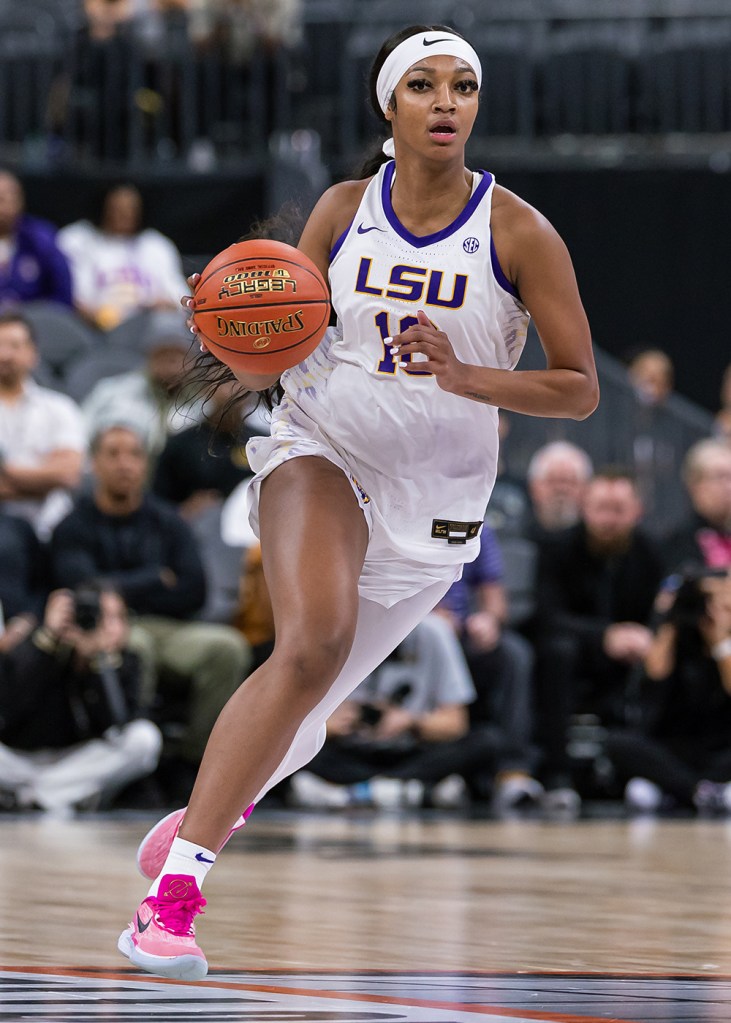  Angel Reese #10 of the LSU Lady Tigers brings the ball up court during the game against the Colorado Buffaloes in the Naismith Hall of Fame Series at T-Mobile Arena on November 6, 2023 in Las Vegas, Nevada.  