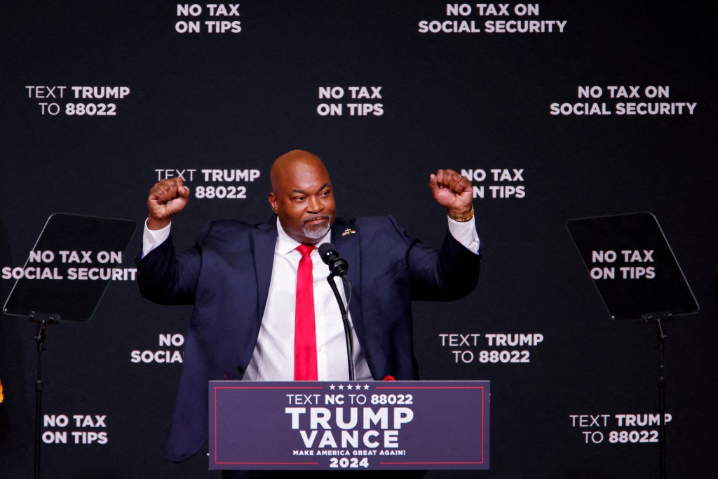 Mark Robinson, Republican candidate for North Carolina Governor, gesturing at a campaign event in Asheville, North Carolina