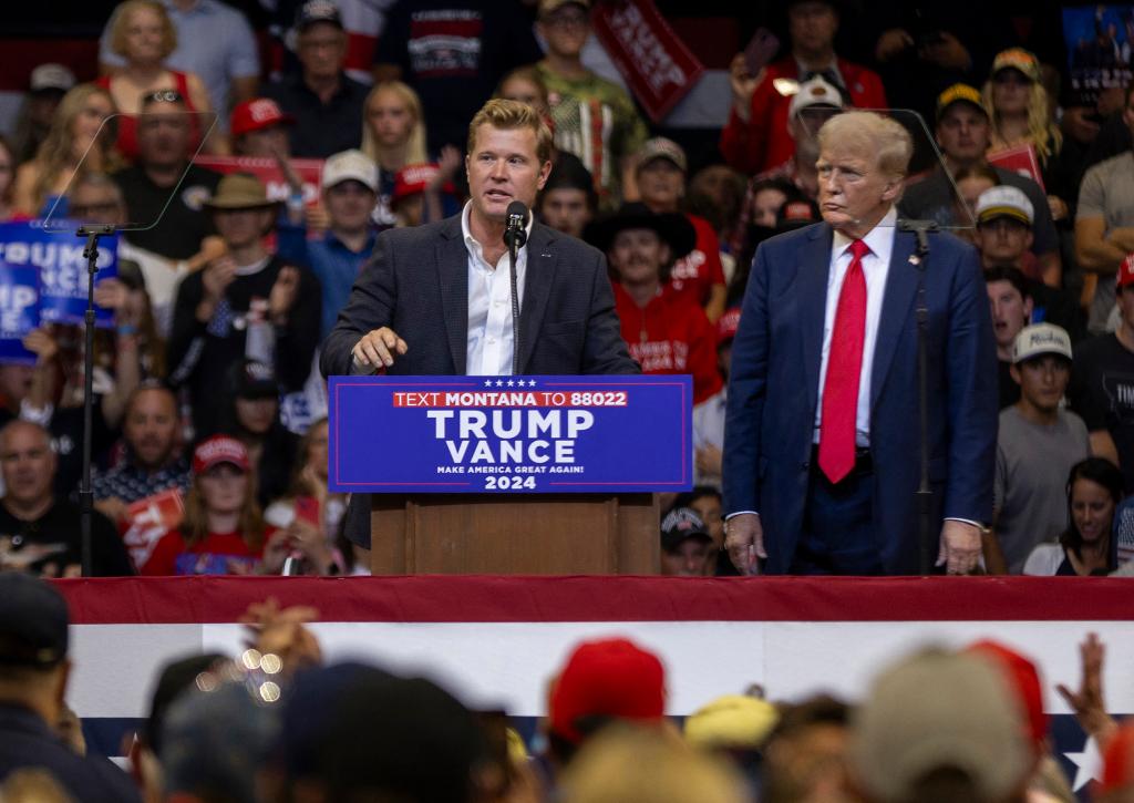 Republican candidate for US Senator, Tim Sheehy, speaks at a rally supporting former US President and Republican presidential candidate Donald Trump (R) in Bozeman, Montana, on August 9, 2024.