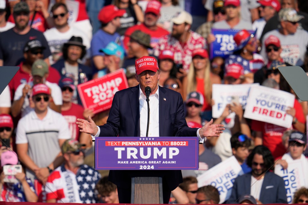 Former President Donald Trump speaking at a campaign event in Butler, Pa., on Saturday, July 13, 2024.