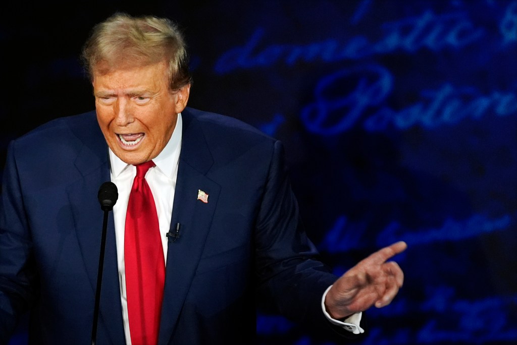 Donald Trump speaks during a presidential debate with Democratic presidential nominee Vice President Kamala Harris at the National Constitution Center in Philadelphia, Tuesday, Sept. 10, 2024. 