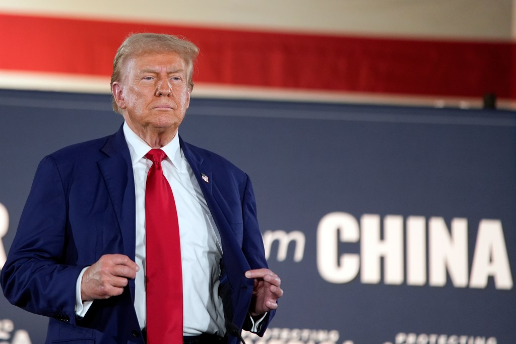 Republican presidential nominee former President Donald Trump arrives at a campaign event at a farm, Monday, Sept. 23, 2024, in Smithton, Pa. 