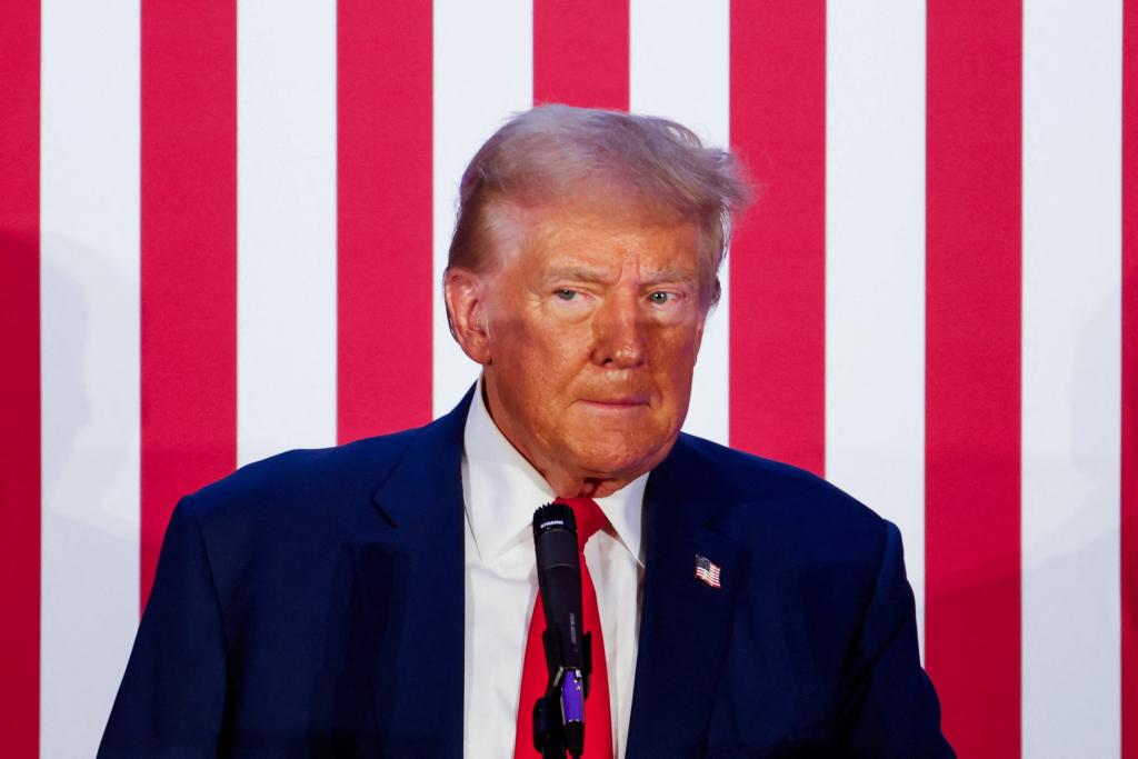 Republican presidential nominee and former U.S. President Donald Trump looks on as he addresses the Fraternal Order of Police at their meeting in Charlotte, North Carolina, U.S. September 6, 2024. 