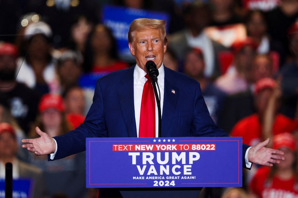 Former U.S. President Donald Trump speaking at a rally at Nassau Veterans Memorial Coliseum in 2024